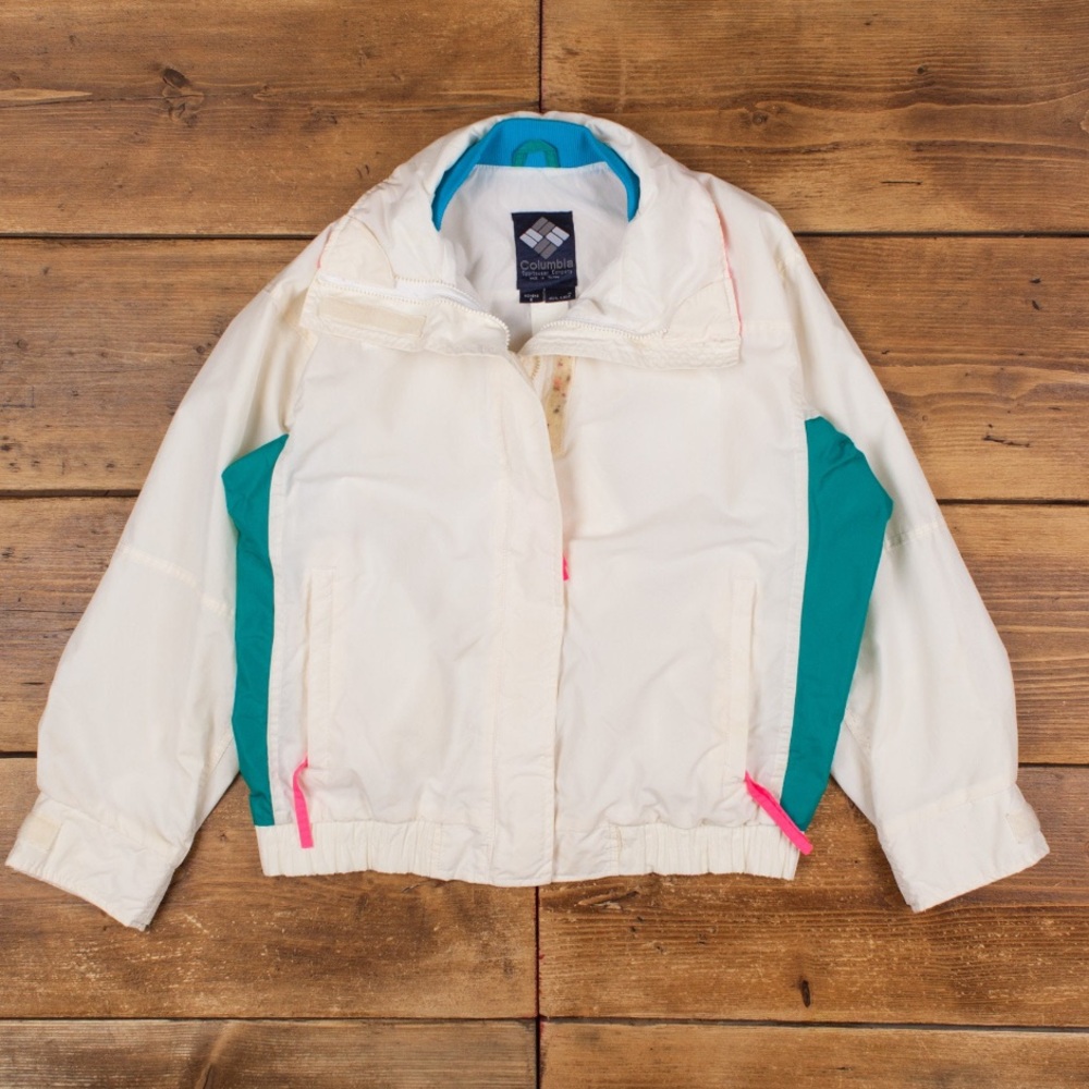 Vintage Columbia White and Teal Jacket with Pink Details